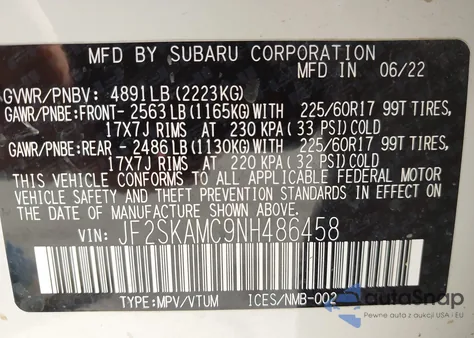 2022 Subaru Forester Wilderness z USA, uszkodzony, nr VIN JF2SKAMC9NH486458